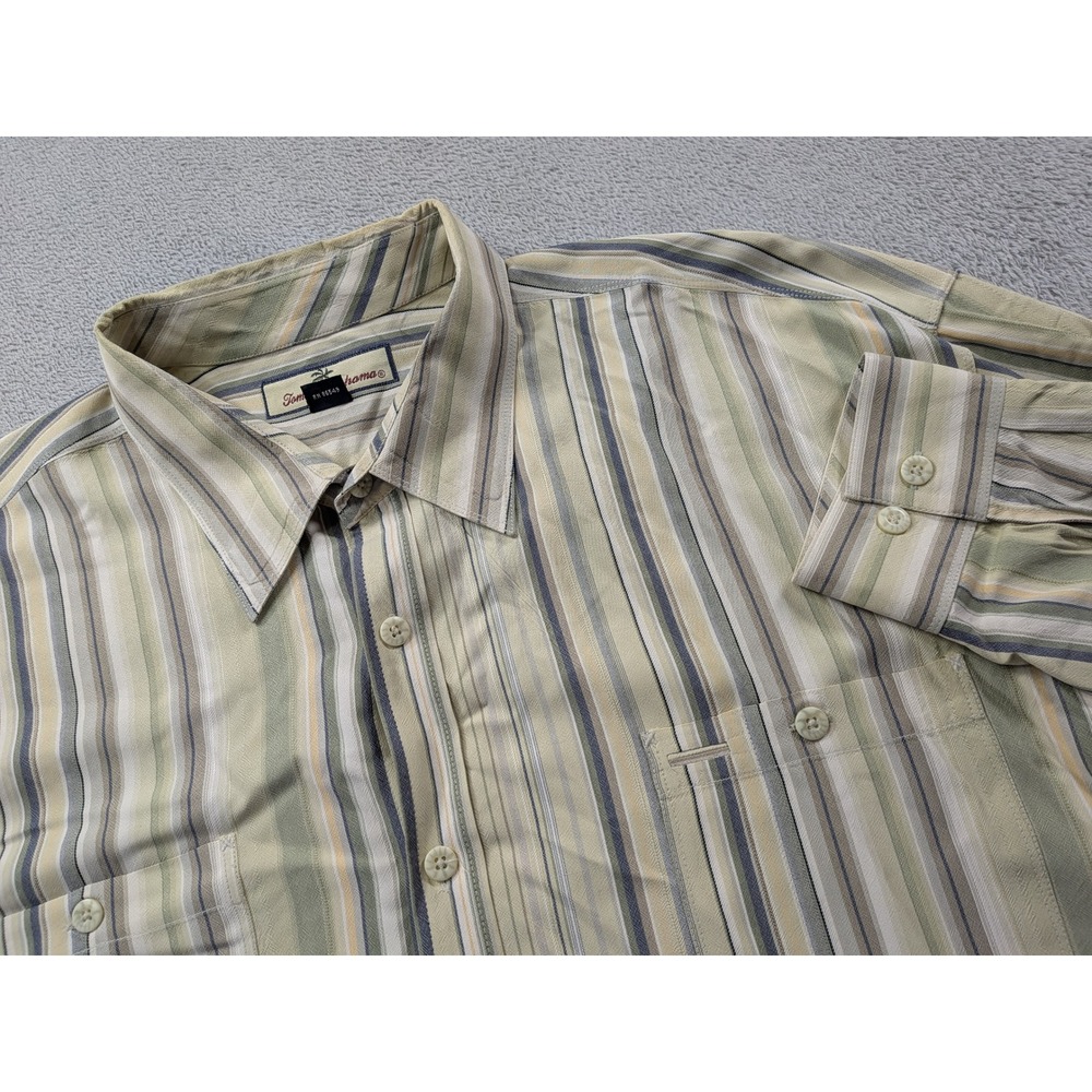 Tommy Bahama Mens XXL Silk Long Sleeve Button Down Shirt Striped Green Tan 5059
